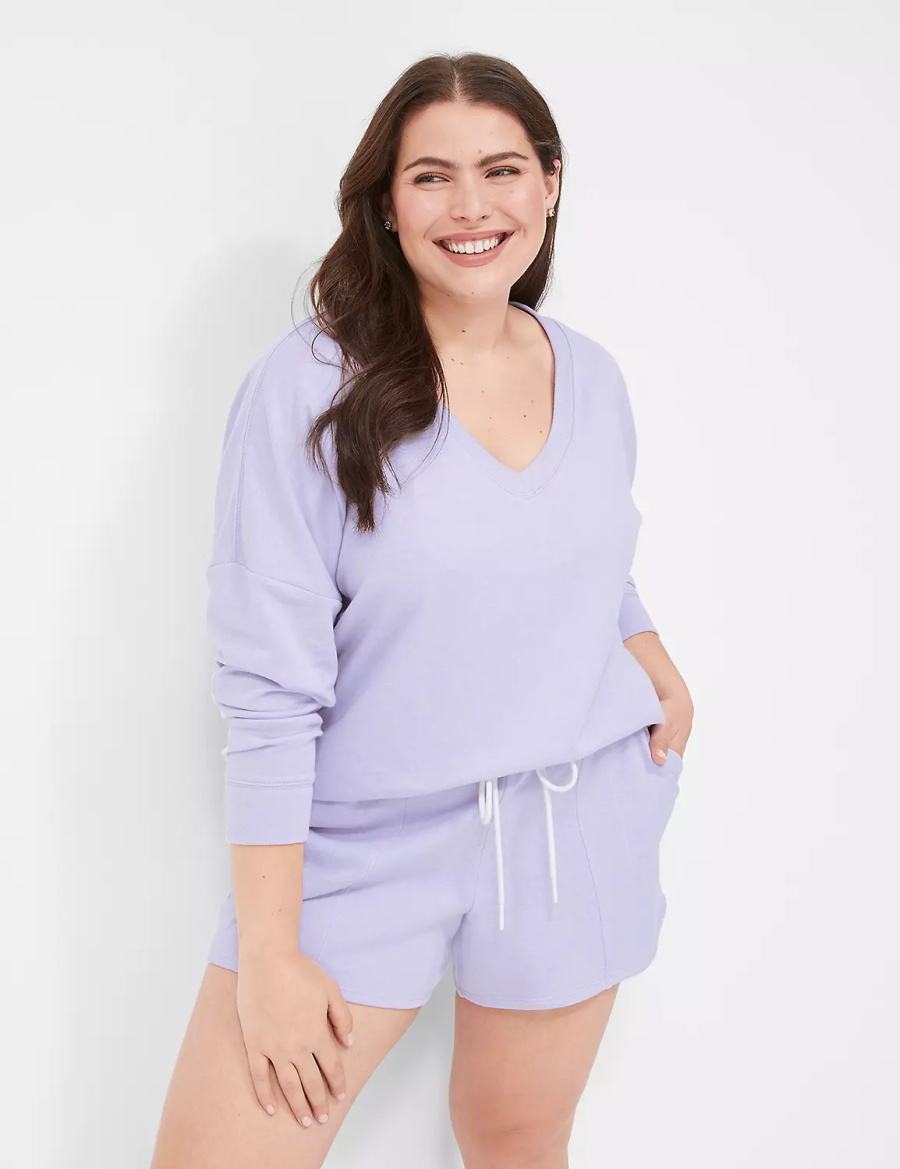 Women Lane Bryant Terry Fleece V-Neck Top T Shirts Purple | HDI1914PT