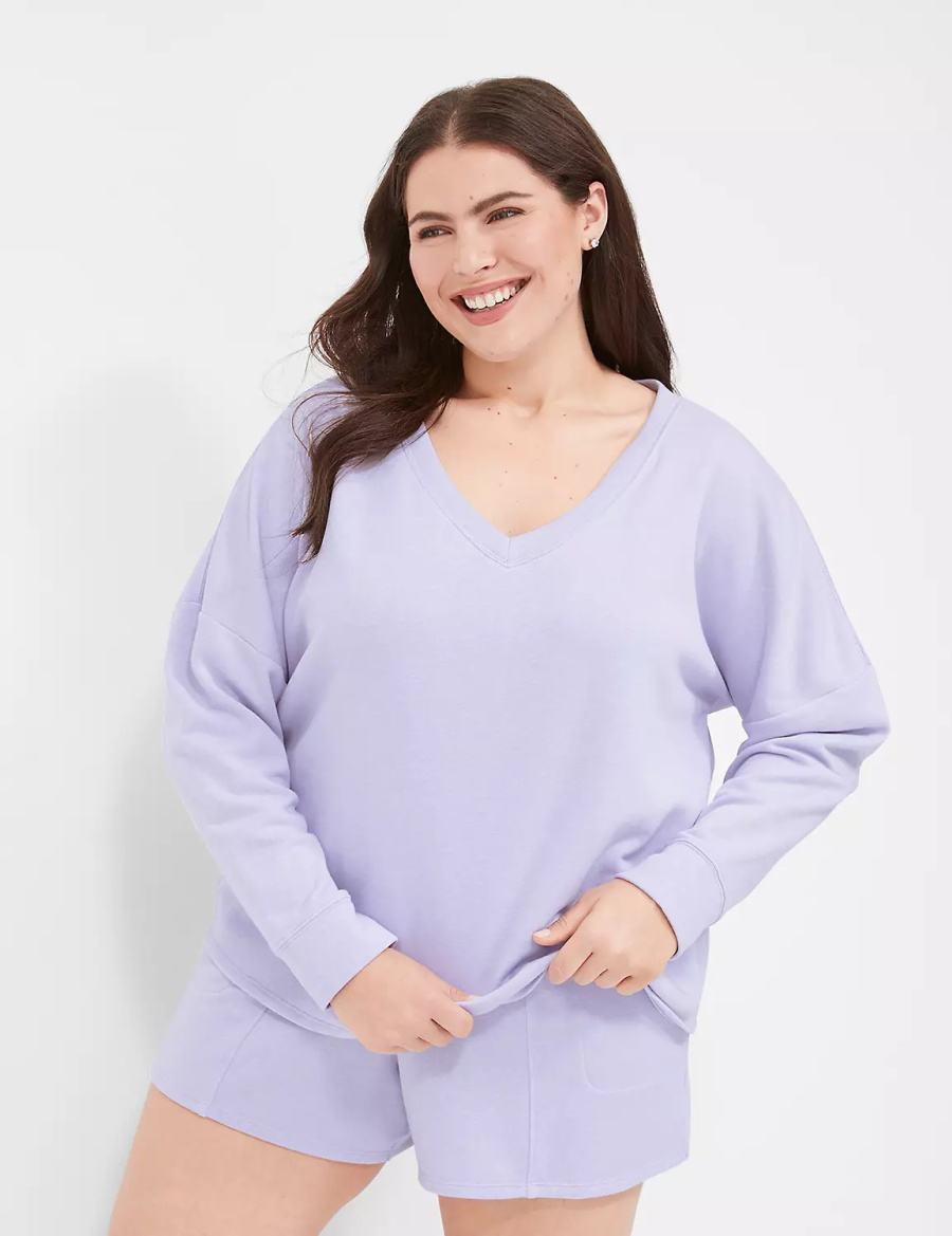 Women Lane Bryant Terry Fleece V-Neck Top T Shirts Purple | HDI1914PT