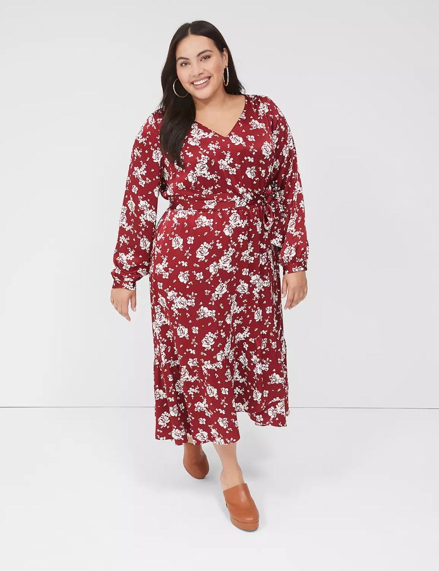 Women Lane Bryant Textured Satin Long-Sleeve Wrap-Skirt Midi Dress Red | ABW757IO