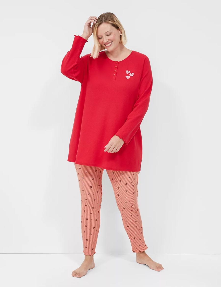 Women Lane Bryant Thermal Cotton Lettuce-Edge Henley Tee & Legging PJ Set Pajamas Red Multicolor | HVA2560PT