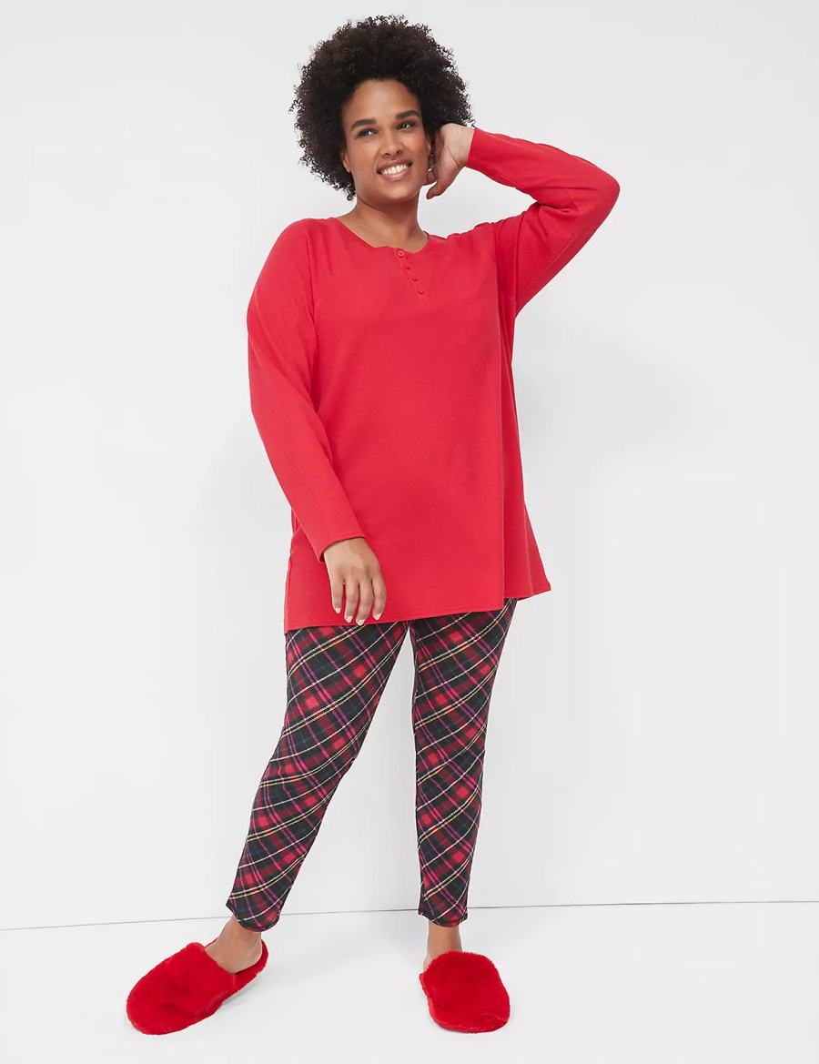 Women Lane Bryant Thermal Henley Tee & Legging PJ Set Pajamas Red Multicolor | URO3897TJ