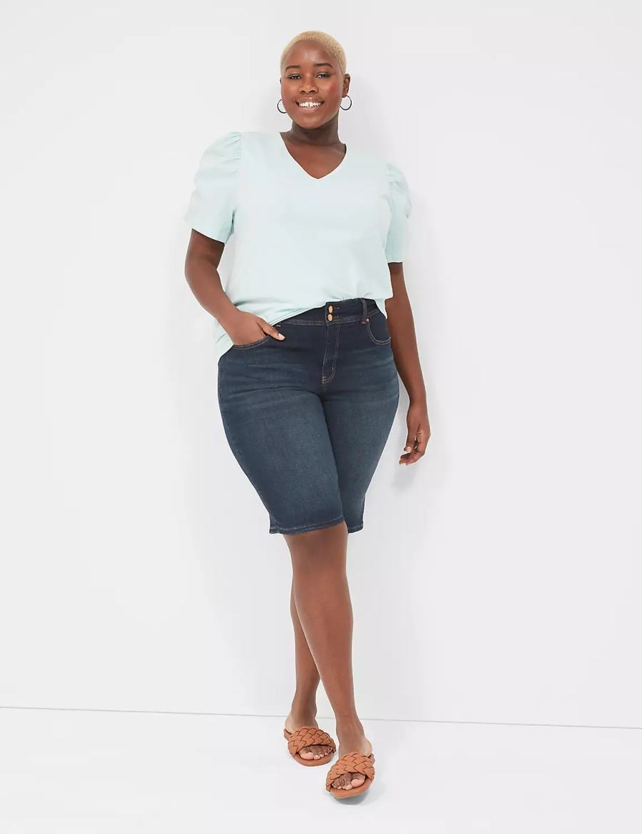 Women Lane Bryant Tighter Tummy Fit High-Rise Bermuda Jean Shorts Dark Blue | HOR6680ZF