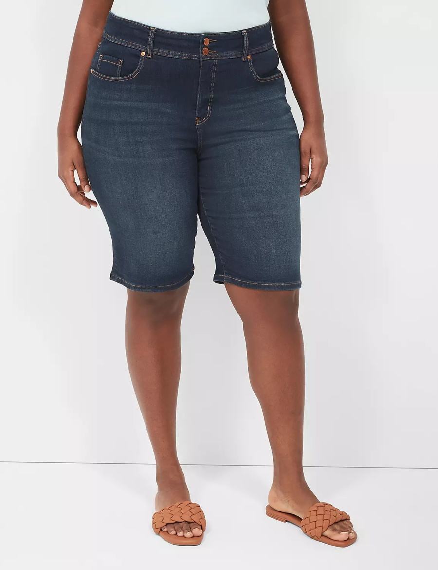 Women Lane Bryant Tighter Tummy Fit High-Rise Bermuda Jean Shorts Dark Blue | HOR6680ZF