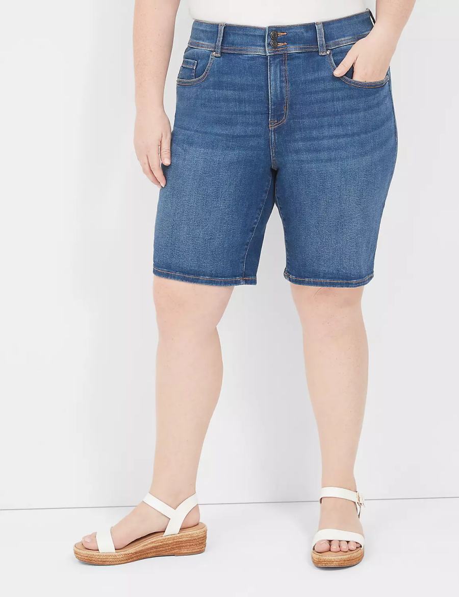 Women Lane Bryant Tighter Tummy Fit High-Rise Bermuda Jean Shorts Blue | RAG6517QF