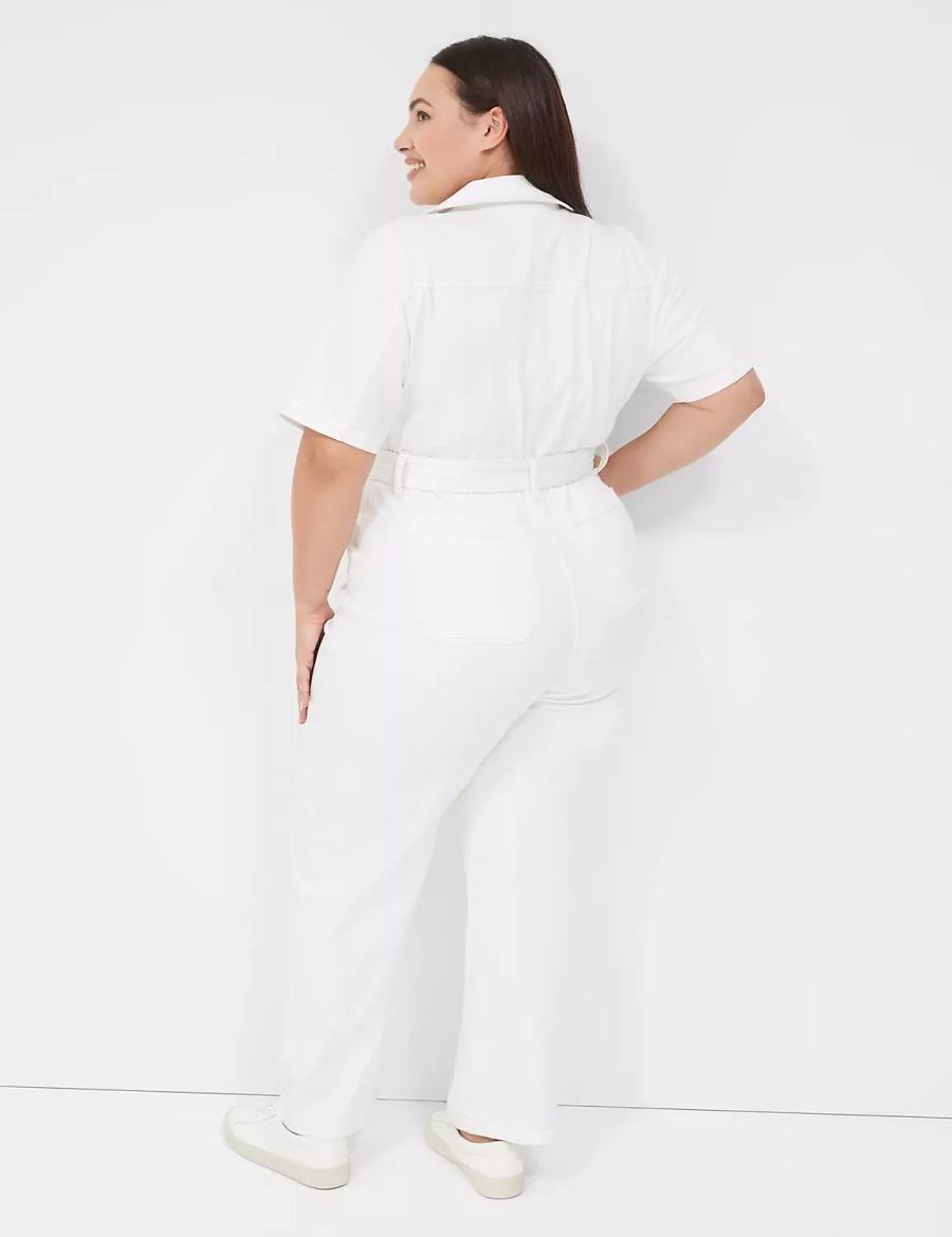 Women Lane Bryant Utility Straight Leg Denim Jumpsuit White | HTV3961SK