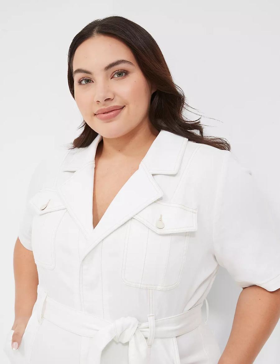 Women Lane Bryant Utility Straight Leg Denim Jumpsuit White | HTV3961SK