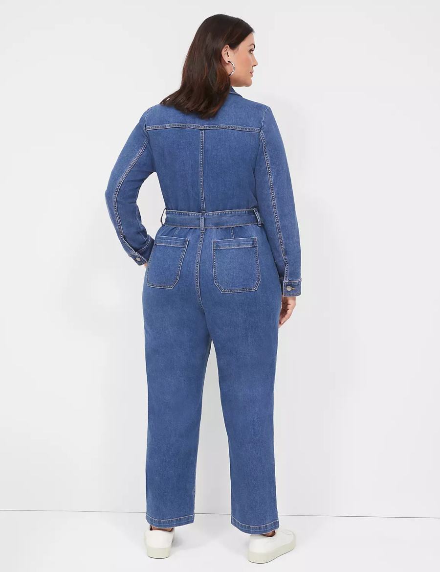 Women Lane Bryant Utility Straight Leg Denim Jumpsuit Blue | SRC289JP