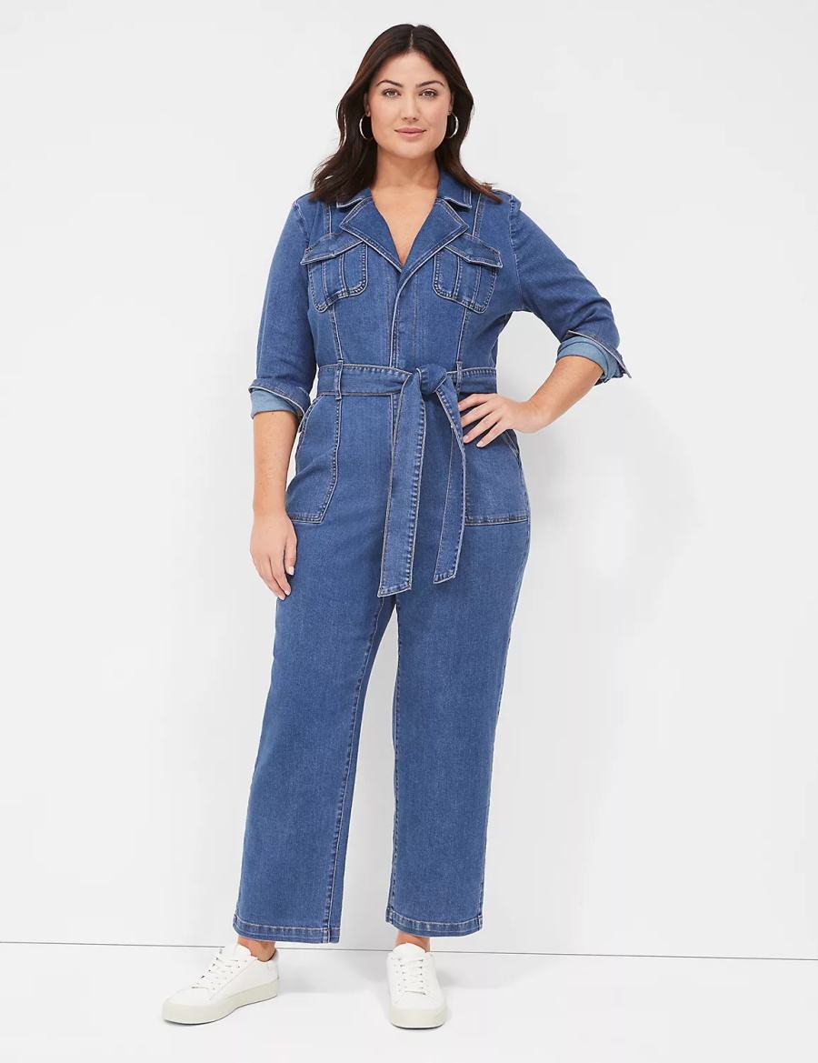 Women Lane Bryant Utility Straight Leg Denim Jumpsuit Blue | SRC289JP