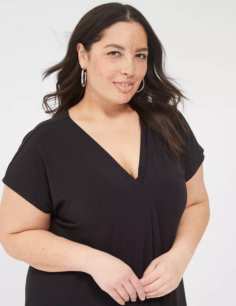 Women Lane Bryant V-Neck Pleat-Front Jersey Casual Dress Black | HMF6336XY