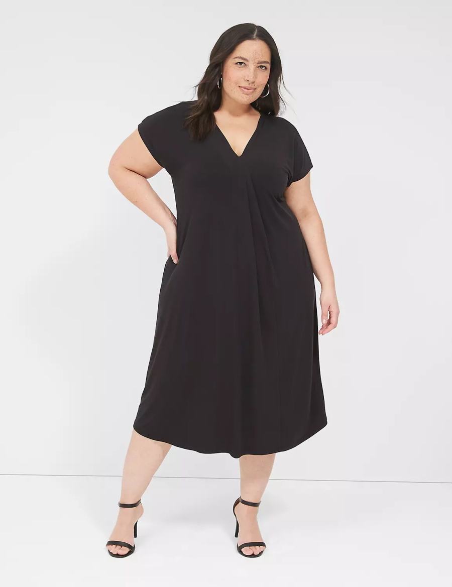 Women Lane Bryant V-Neck Pleat-Front Jersey Casual Dress Black | HMF6336XY