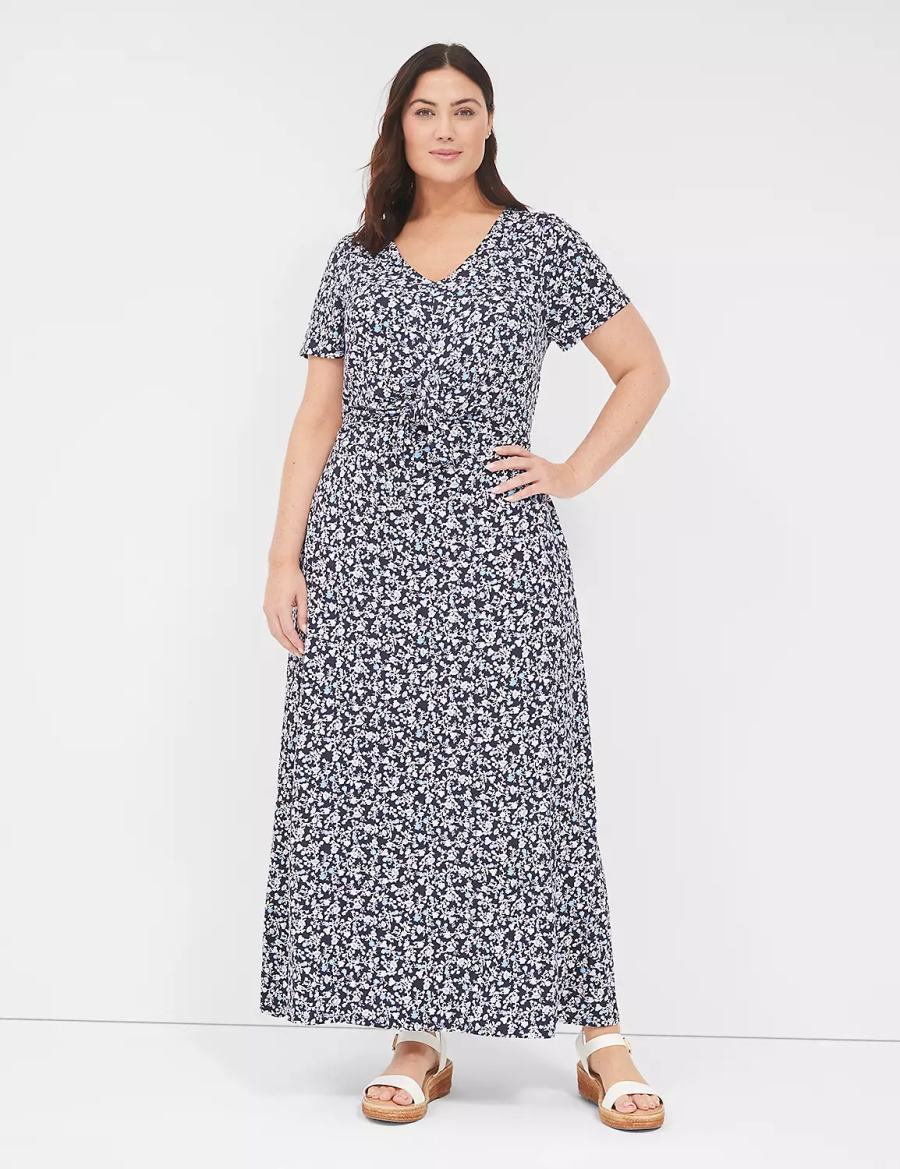 Women Lane Bryant V-Neck Waist-Knot Jersey Maxi Dress Blue Purple | EWS4018ML