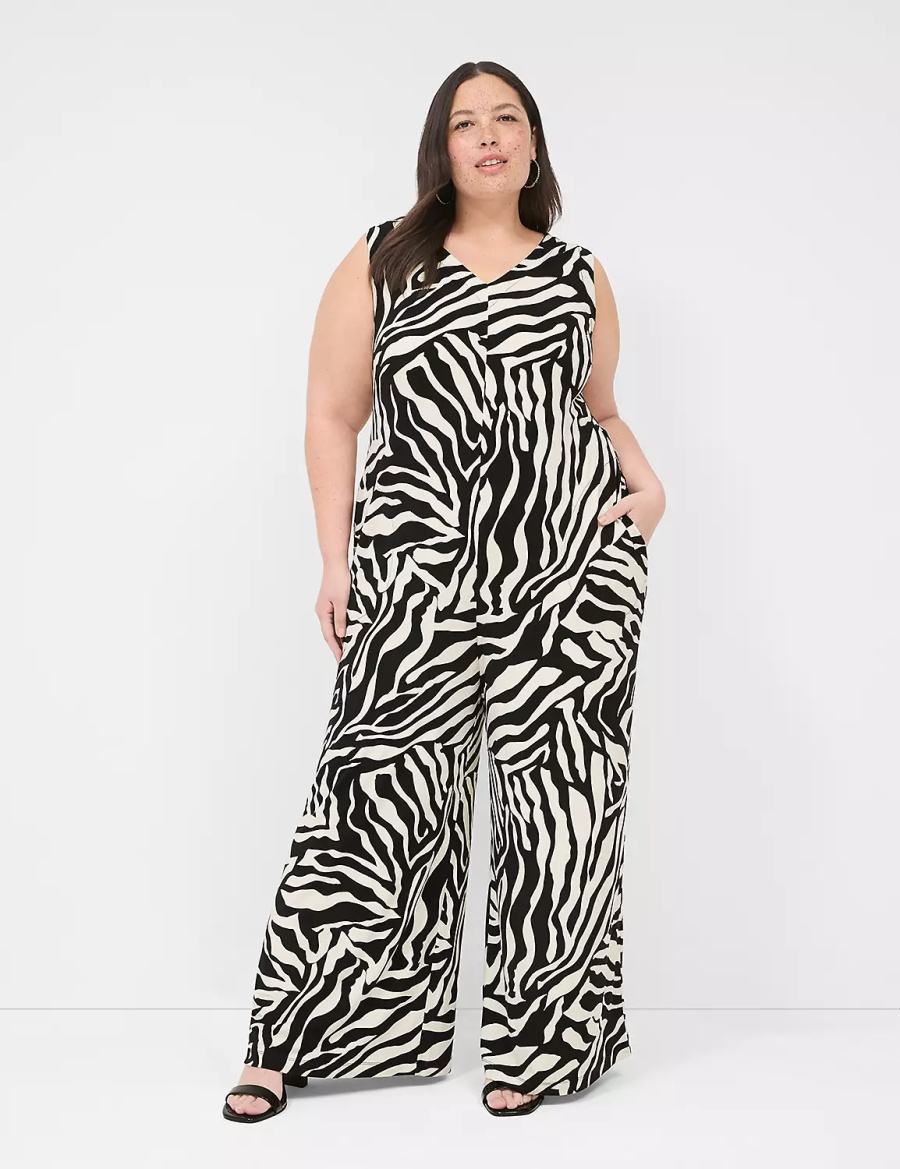 Women Lane Bryant V-Neck Wide Leg Jersey Jumpsuit White Black | CTY9983EH