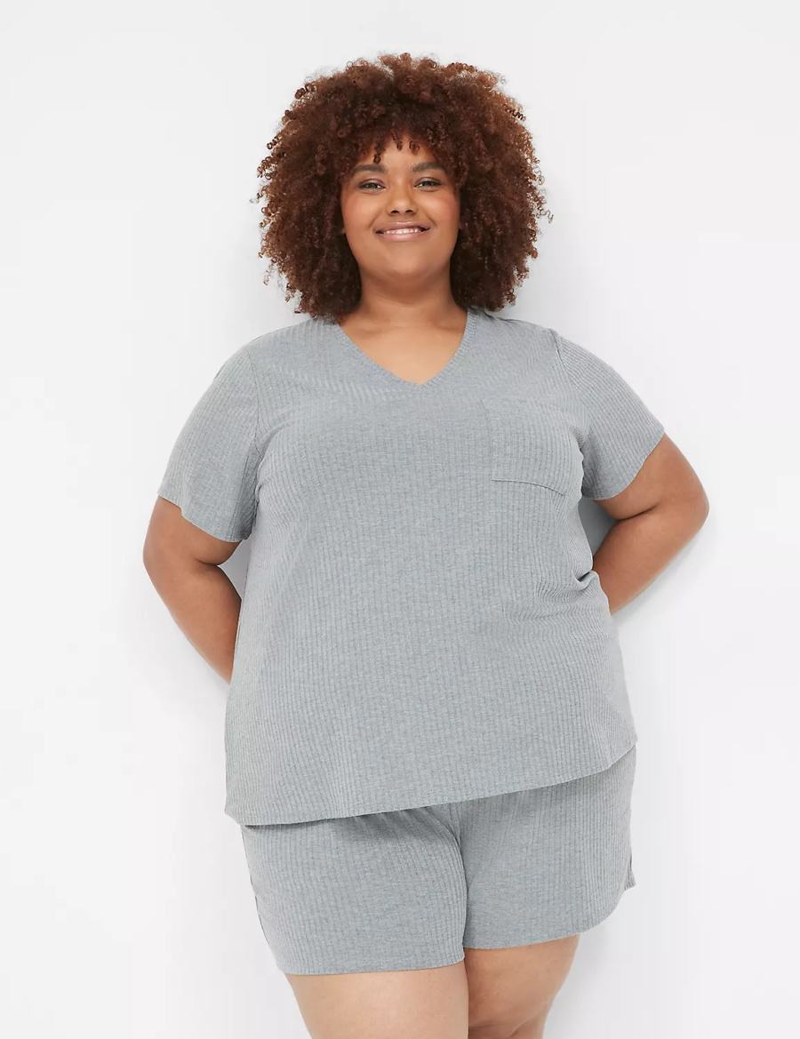 Women Lane Bryant Wide Rib Pocket V-Neck Tee T Shirts Grey | MCW4019VF