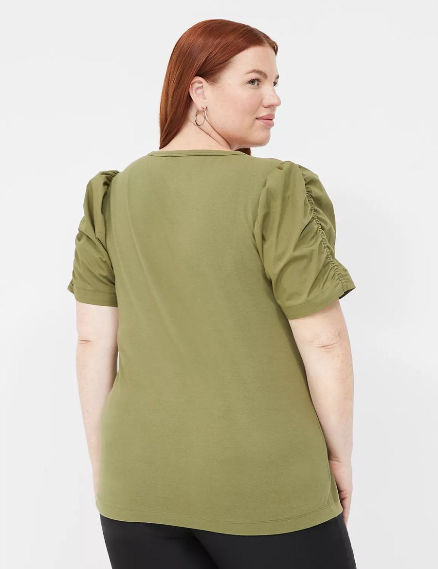 Women Lane Bryant Woven Puff-Sleeve V-Neck Knit Tee T Shirts Green | AKU362SK