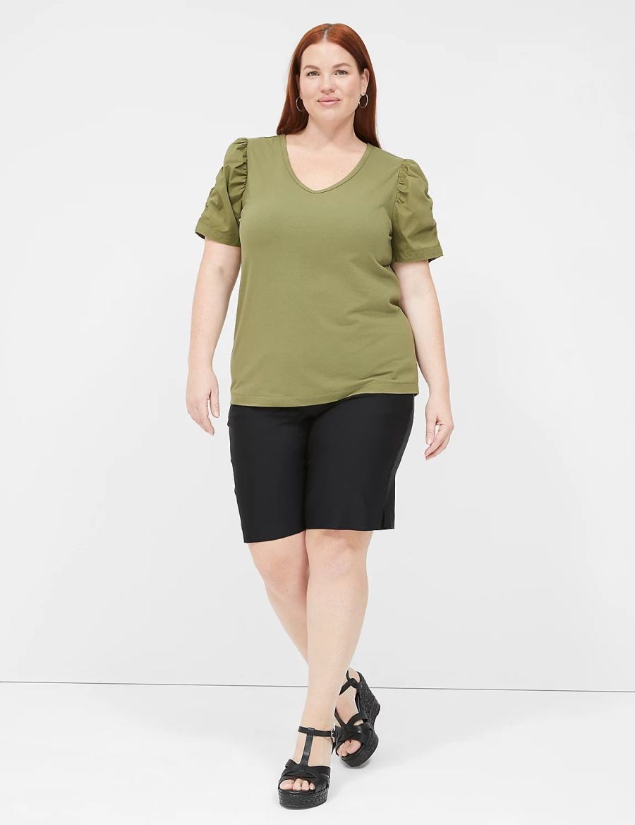 Women Lane Bryant Woven Puff-Sleeve V-Neck Knit Tee T Shirts Green | AKU362SK