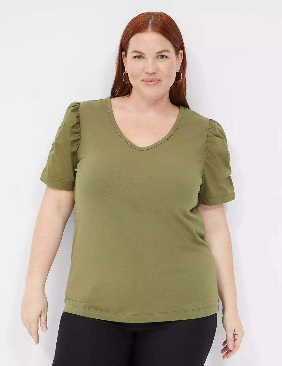 Women Lane Bryant Woven Puff-Sleeve V-Neck Knit Tee T Shirts Green | AKU362SK