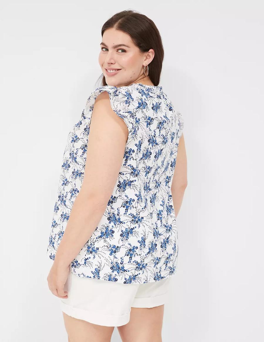 Women Lane Bryant Woven & Knit Cap Flutter-Sleeve Top Blouse Blue White | HKI4189CL