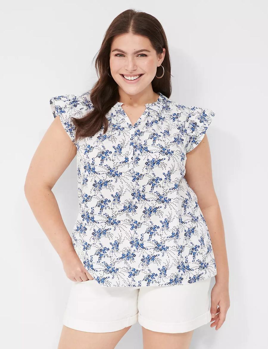 Women Lane Bryant Woven & Knit Cap Flutter-Sleeve Top Blouse Blue White | HKI4189CL